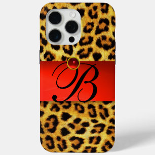 DRUKTE LEOPARD FUR RED RUBY GEMSTONE MONOGRAM, iPhone 15 PRO MAX HOESJE