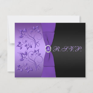 DRUKTE RIBBON Paars, zwarte Floral Reply Card RSVP Kaartje