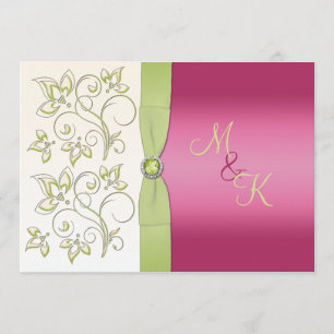 DRUKTE RIBBON Pink Green Floral Monogram Invite Kaart