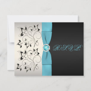 DRUKTE RIBBON Silver Aqua Black Floral Reply Card RSVP Kaartje