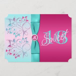DRUKZUUR Roze, Aqua Floral Sweet Sixteen nodigt ui Kaart
