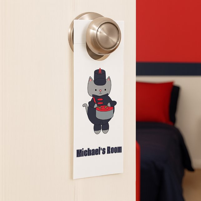 Drum Cat Marching Band Navy Blue Red Personalize (A door hanger featuring a cat playing the drums in a navy blue & red marching band uniform.)