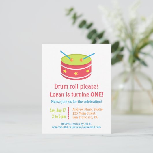 Drum Roll Boy Eerste Verjaardag Uitnodigingen (Staand voorkant)