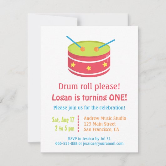 Drum Roll Boy First Birthday Party Invitations (Devant)