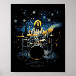 Drumkit percussionist Drummer Van Gogh Jesus spele Poster