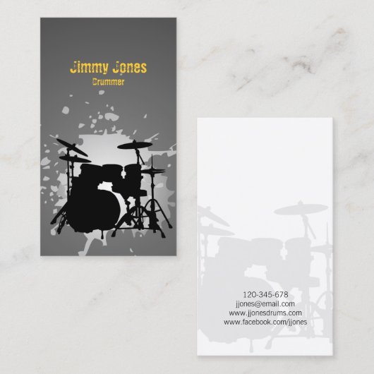 Drumkit Silhouette Splatter Carte de visite gris (Devant / Derrière)