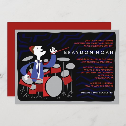 DRUMMER Bar Mitzvah Uitnodiging (Voorkant / Achterkant)