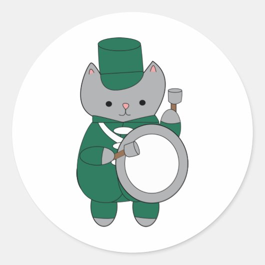 Drummer Bass Marching Band Cat Green White Ronde Sticker (Voorkant)