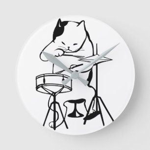 Drummer Cat Drums Musician Rock Jazz Funny Cute Ronde Klok