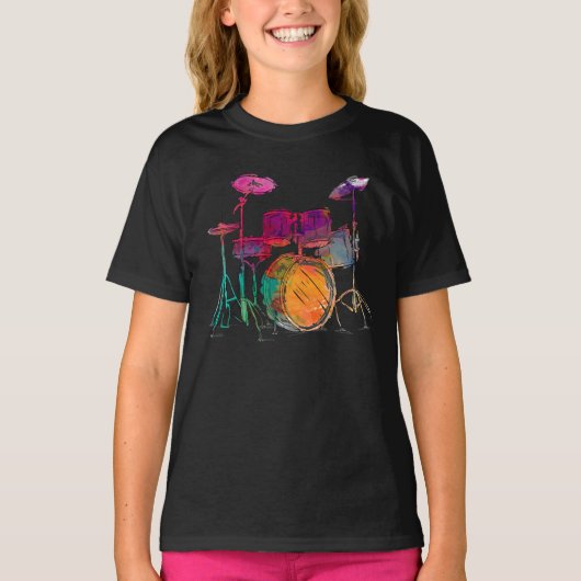 Drummer drumstel drummer in waterkleurige stijl t-shirt (Voorkant)
