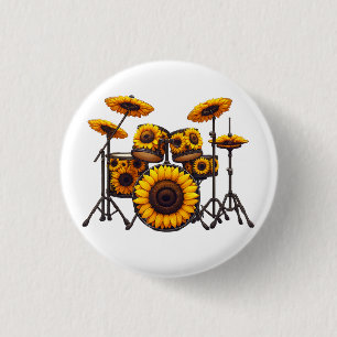 Drums Zonnebloem Muzikant Muziek Bloemen Ronde Button 3,2 Cm
