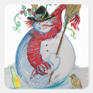 DRUNKEN SNOWMAN MET VOGELS IN WINTER VIERKANTE STICKER