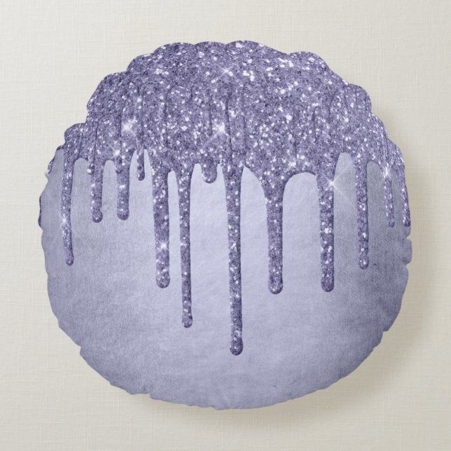 Druppelen Paarse Glitter | Chique Lavendel Icing P Rond Kussen (Voorkant)