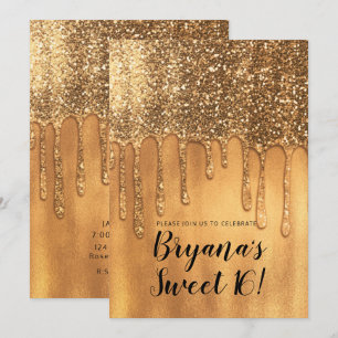 Druppelend in Gouden Honing Glitters Zweet 16 Fees Kaart