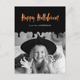 Druppelend Zwart en Oranje Halloween-foto Feestdagenkaart