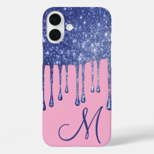 Druppelende Blauwe Glitter Monogram Telefoonhoes iPhone 16 Plus Hoesje