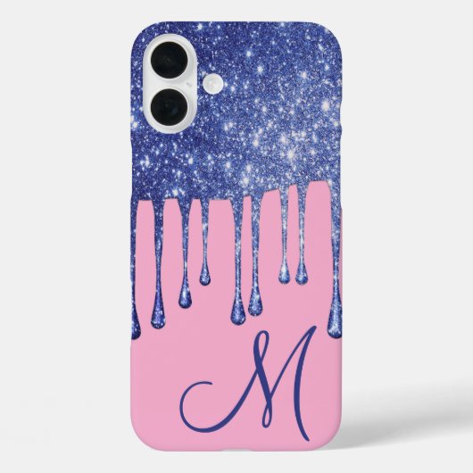 Druppelende Blauwe Glitter Monogram Telefoonhoes Case-Mate iPhone Case (Achterkant)