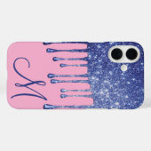 Druppelende Blauwe Glitter Monogram Telefoonhoes Case-Mate iPhone Case (Achterkant (horizontaal))
