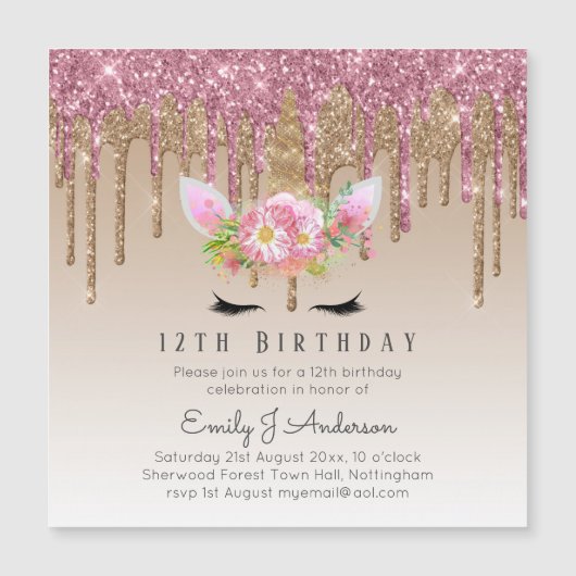 Druppelende Glitter UNICORN Roze Goud Roze 12de Ve (Voorkant)