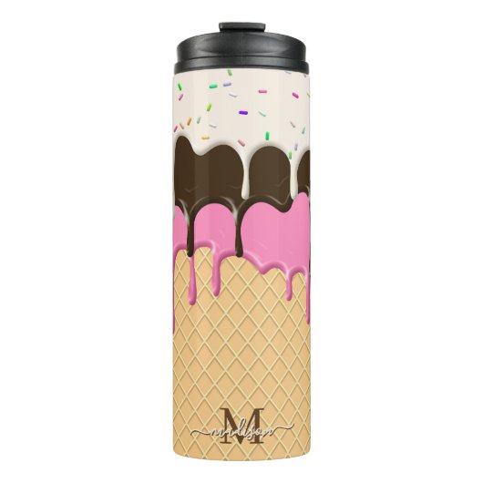 Druppelende Ice Cream Sprinkles Waffle Cone Monogr Thermosbeker (Voorkant)