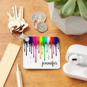 Druppelende Regenboog Verf Monogram Sleutelhanger