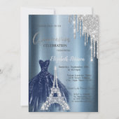 Druppels, Blauwe jurk, Eiffel Metallic Quinceañera Kaart (Voorkant)