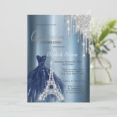 Druppels, Blauwe jurk, Eiffel Metallic Quinceañera Kaart (Staand voorkant)