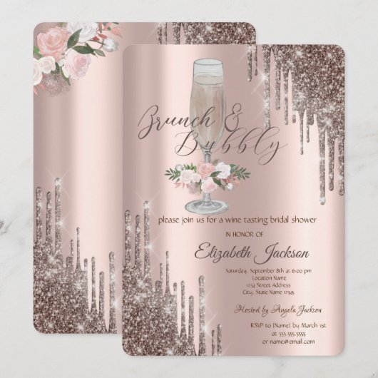Druppels, Glas, Rozen Brunch & Bubbels Bruidsfeest Kaart (Voorkant / Achterkant)