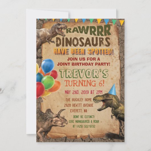 DUAL INVITE - Eenhoorn en Dinosaurus Verjaardag Ui Kaart (Voorkant)