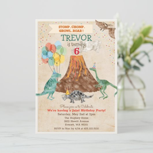 DUAL INVITE - Eenhoorn en Dinosaurus Verjaardag Ui Kaart (Staand voorkant)