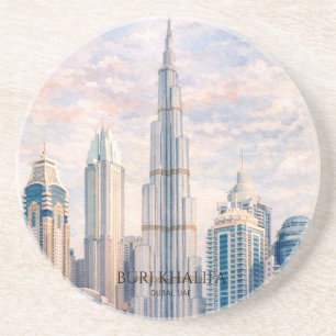 Dubai Burj Khalifa Luxe Stadssilhouet Aquarel Zandsteen Onderzetter