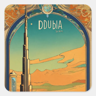 Dubai Dreamscape - Grafische stijl Art Nouveau ber Vierkante Sticker