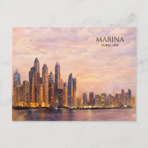 Dubai Marina Silhouet Aquarel Stadslichten Reis Feestdagenkaart