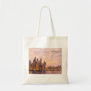 Dubai Marina Silhouet Aquarel Stadslichten Reis Tote Bag