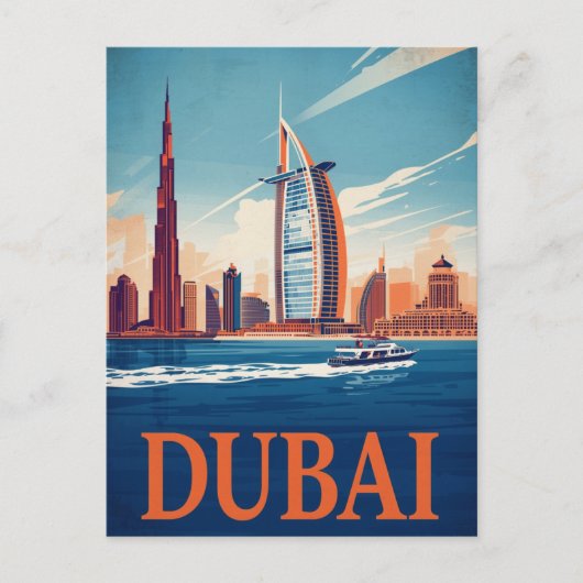 Dubai Marina Skyline & Boat Retro Briefkaart (Voorkant)
