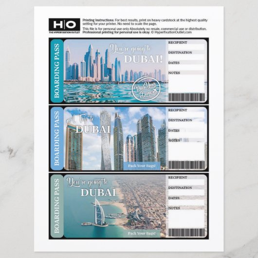 Dubai Mock Ticket voor reizen en evenementen (Voorkant)
