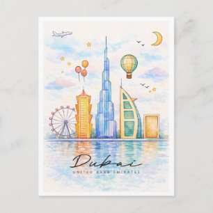 Dubai Silhouette Waterverf Stadsgezicht Kunst UA Feestdagenkaart