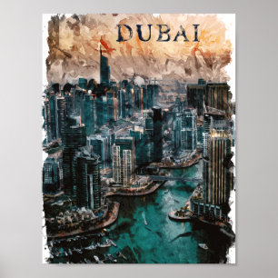 Dubai UAE Waterverf Skyline Poster