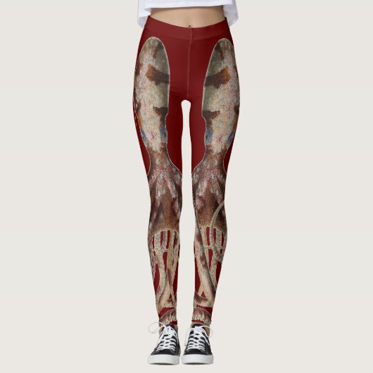 Dubbel blauwe ring octopus op bloedrode Leggings (Voorkant)