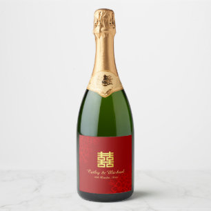 Dubbel geluk bloemige achtergrond Chinese bruiloft Sparkling Wijnetiket