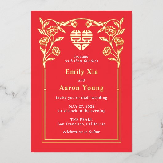 Dubbel geluk Folie Chinese Trouw Uitnodiging (Voorkant)