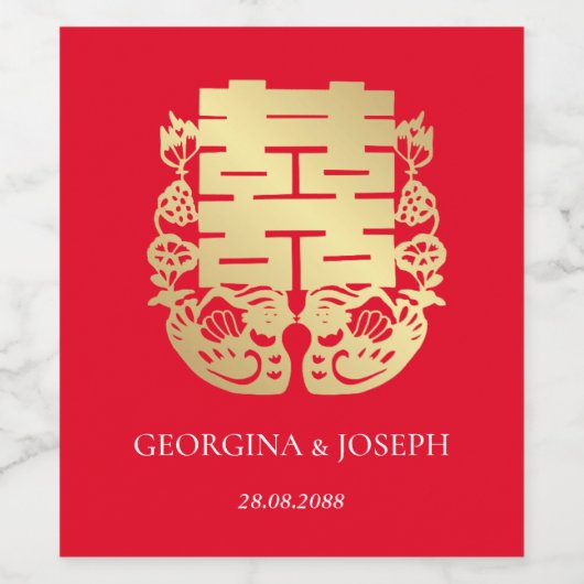 Dubbel Geluk & Mandarijn Eenden Chinese Bruiloft Wijn Etiket (Enkel label)