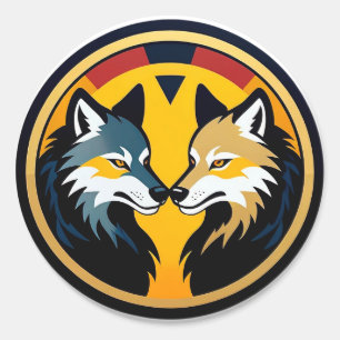 Dubbel Wolf Embleem Logo Met Gouden Cirkel Ronde Sticker