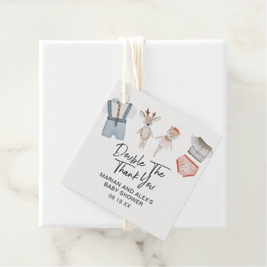 Dubbeldank je neutraal tweelingflesjes met gunstig bedankjes labels (In situ)