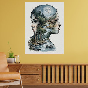 Dubbele Belichting Natuur Silhouet Aquarel Poster