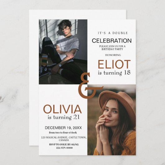 Dubbele Foto Verjaardag Modern Wit zwart Kaart (Voorkant / Achterkant)