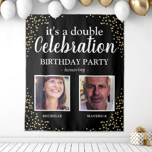Dubbele foto zwart gouden verjaardagsbanner wandkleed