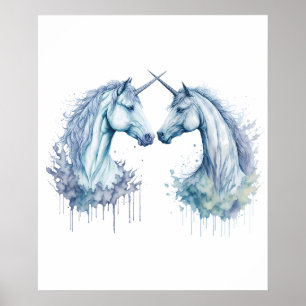 Dubbele harmonie: twee eenhoorns in Waterverf Poster