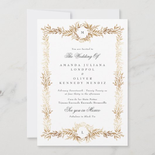 Dubbele Monogram Gouden Botanische lijst bruiloft Kaart (Voorkant)