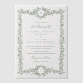 Dubbele Monogram Sage Groene Bladerige lijst bruil Vellum Uitnodigingen